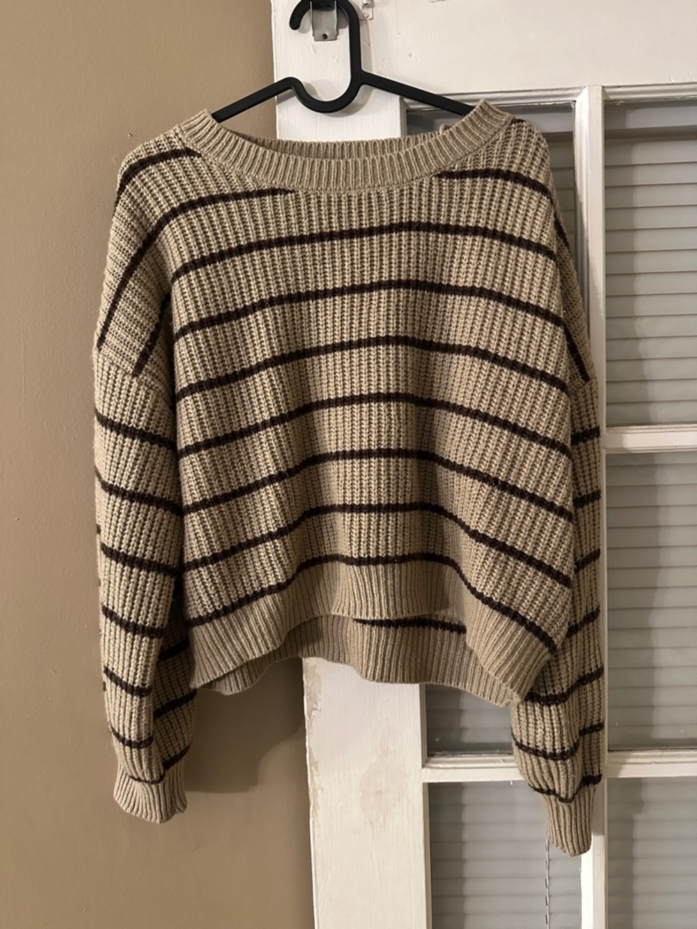 Cider Cropped Striped Beige and Brown Knit Sweater - Women's